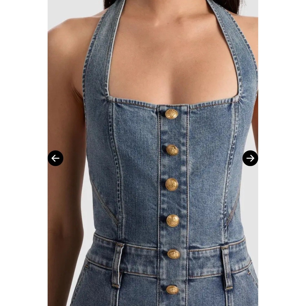 $550 NWT Alice+Olivia Gorgeous Pennie Denim Bootleg Halter Jumpsuit - Picture 6 of 16